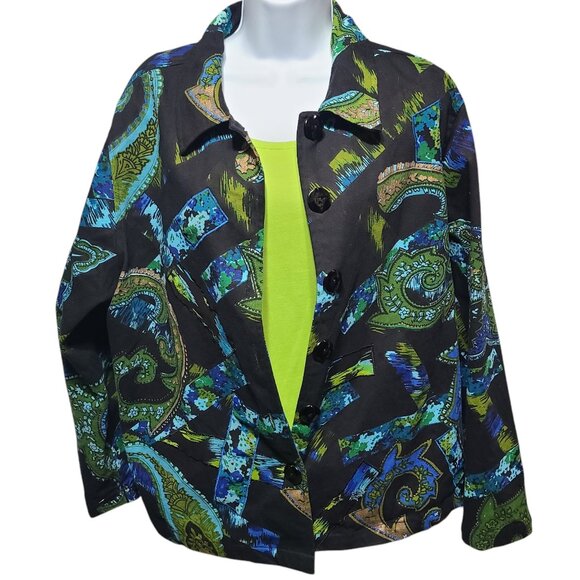 Life Style Woman Black Teal Green Gold Paisley Printed Jacket 1X - Picture 2 of 16